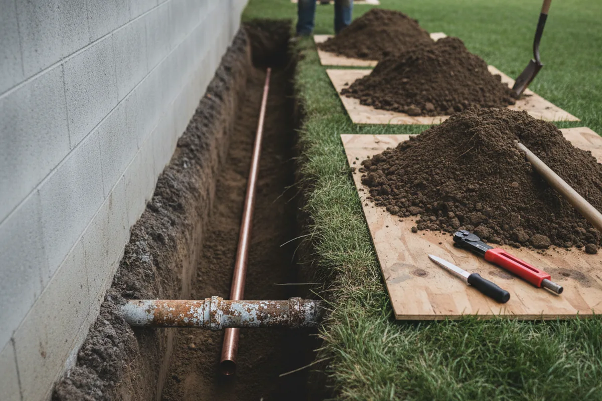 Excavated water line trench during Sewer Line Repair in Monroeville